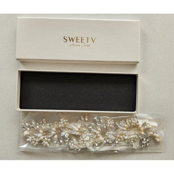 New Handmade Rhinestone Wedding Headband Flower-Leaf Bridal Headpieces - Picture 1 of 2